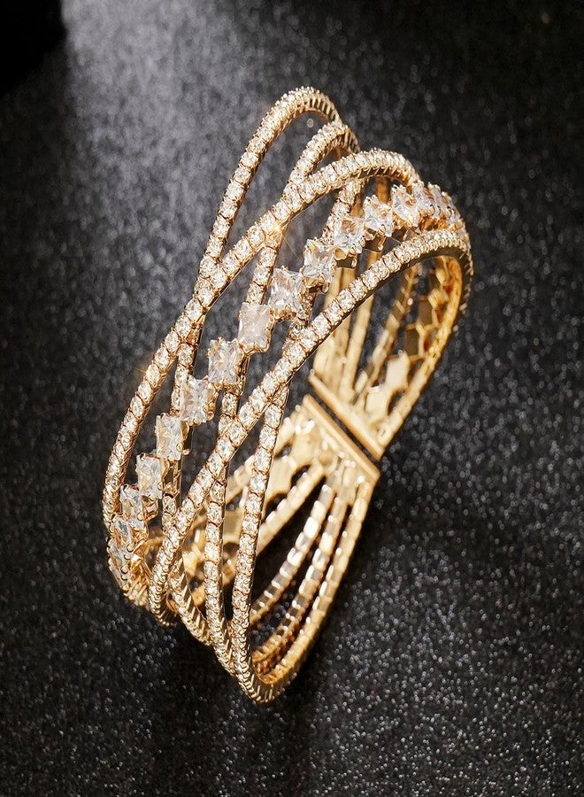 Wovanoo Rhinestone Bracelets Multilayer Cuff Bracelet Sparkling Crystal Layered Bridal Bracelets for Women Gold 3 - Image 4